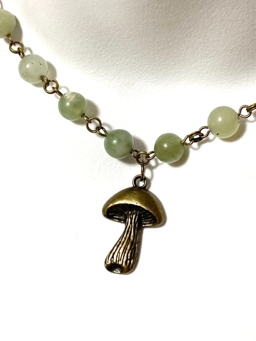 Mint Green Serpentine Short Necklace, Gemstone & Bronze Slim Mushroom Charm